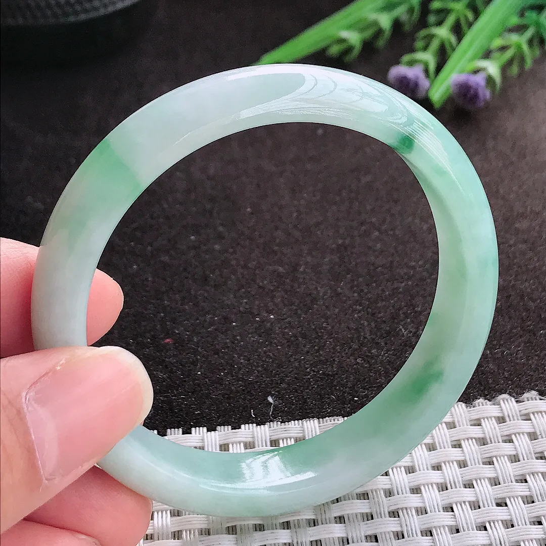 实拍A货翡翠55/12.3/7.2老坑冰润起胶飘花手镯宽边玉镯手环