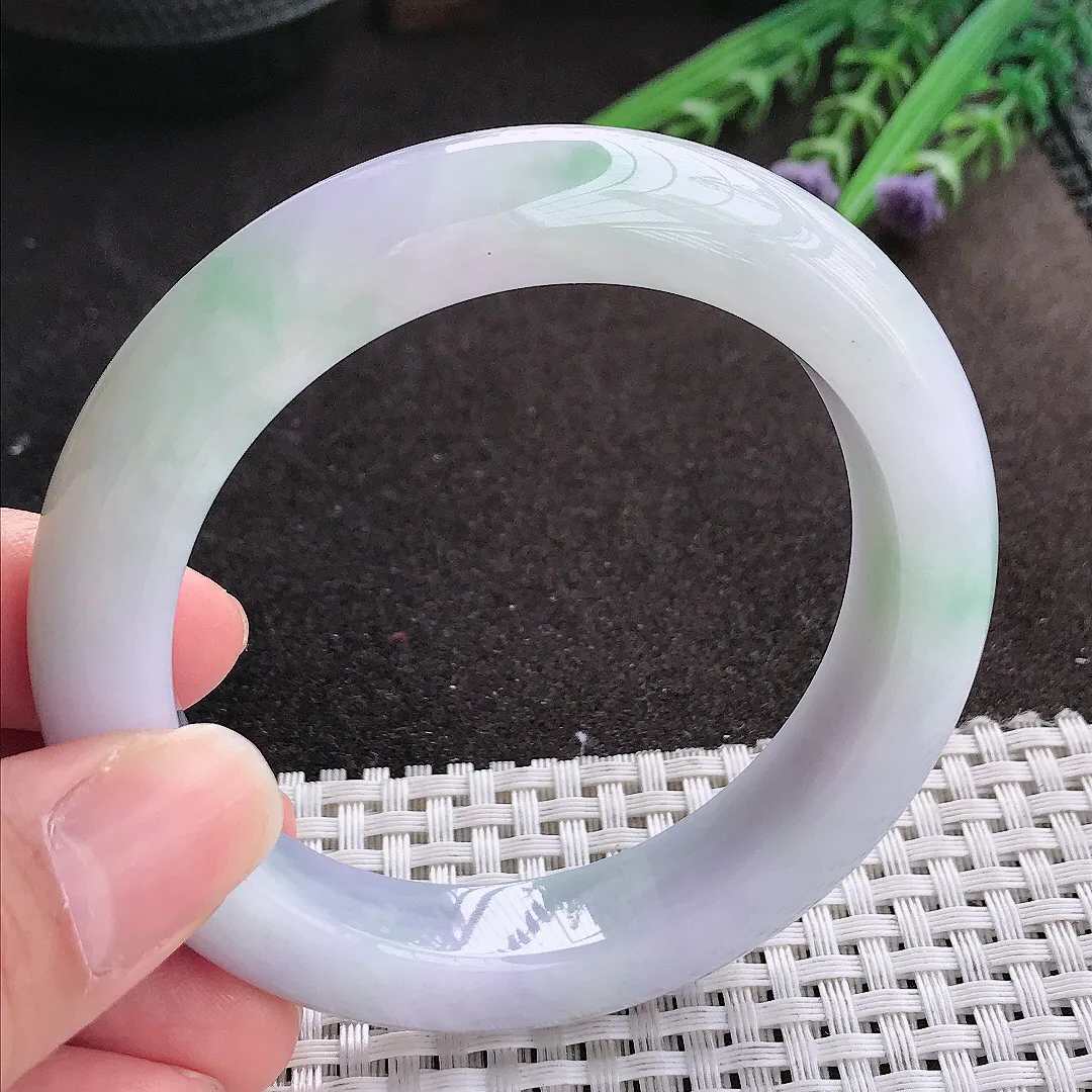 实拍A货翡翠56.5/12.6/10老坑精美油润紫罗兰手镯宽边玉镯手环