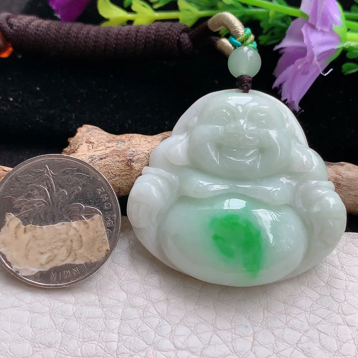 zen实拍38*41*9缅甸天然翡翠白底青佛公 弥勒佛玉吊坠