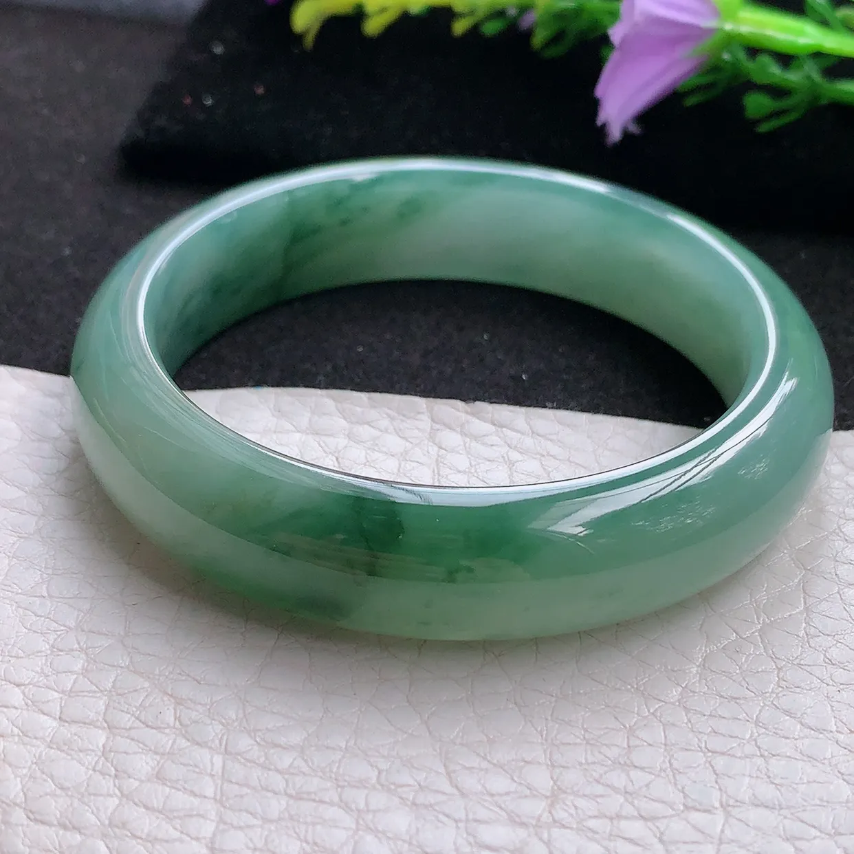jm实拍54*13*8平安镯 天然翡翠A货蓝韵玉手镯飘花宽边玉手环