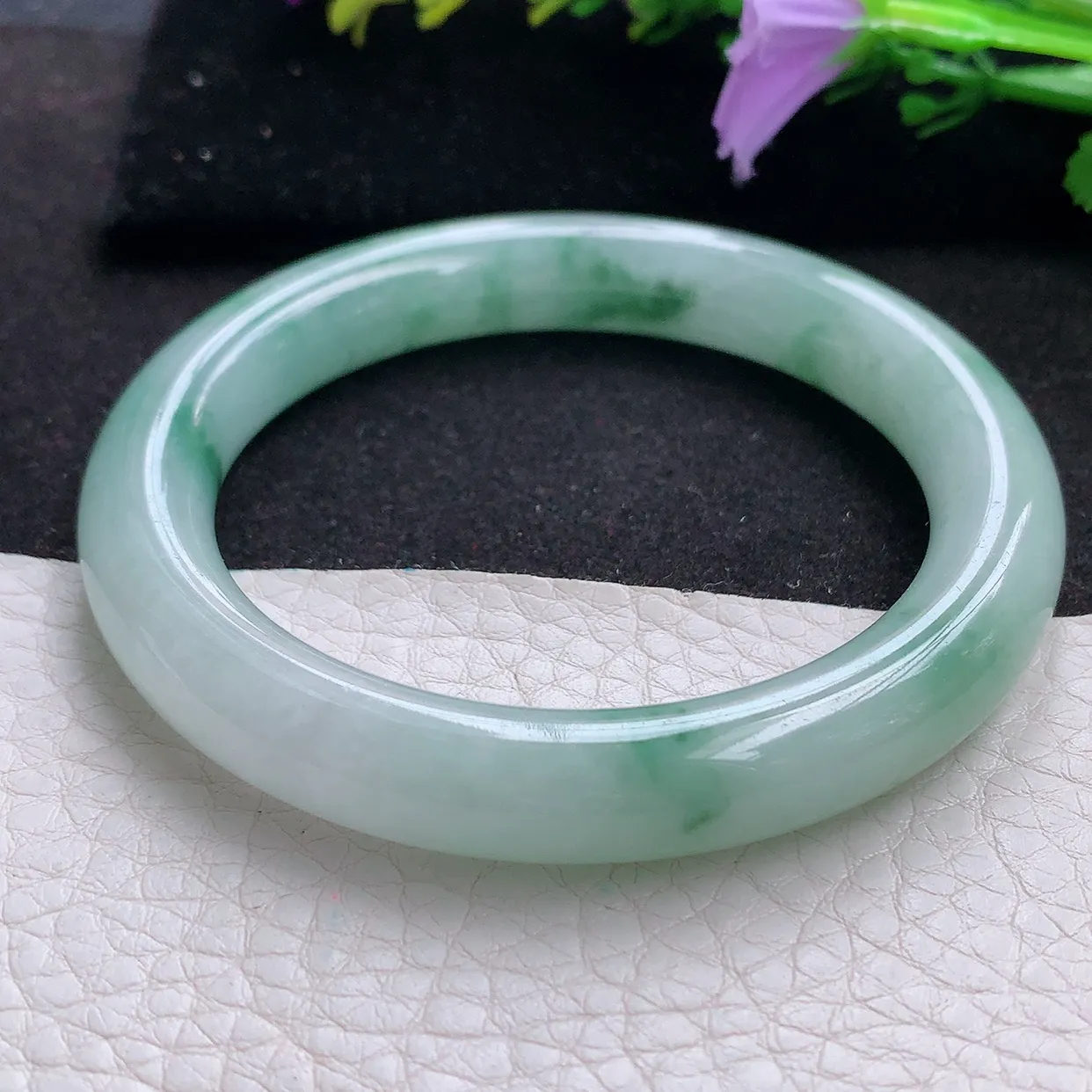 hy实拍54*10.2*9.8美人镯 天然翡翠A货手镯水润飘花圆条玉手环 叮当镯