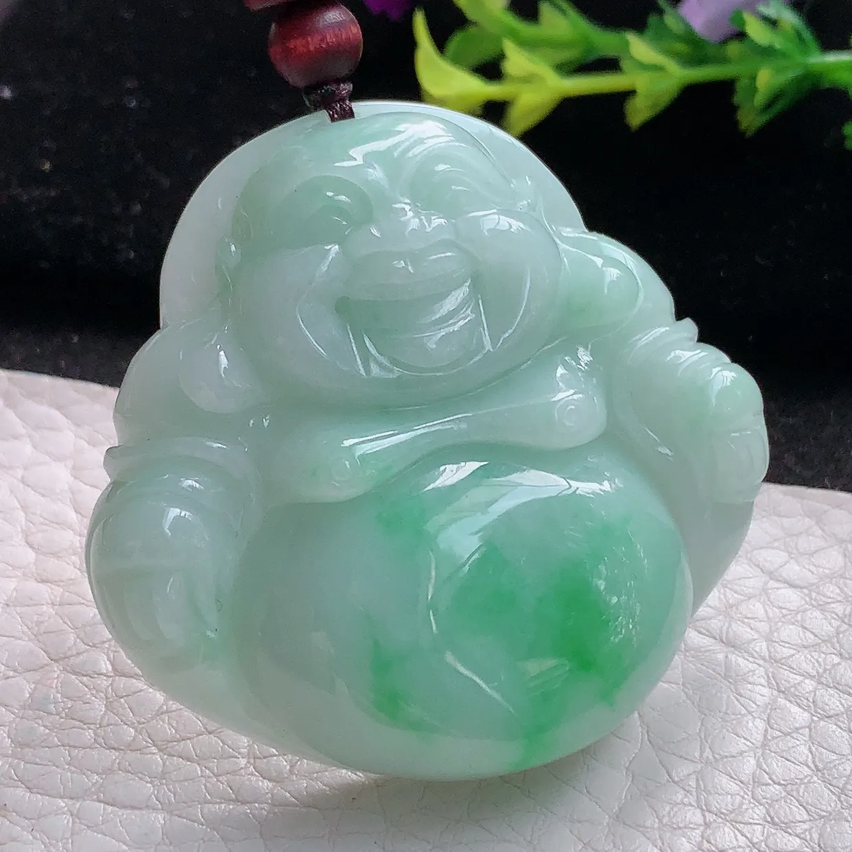 zen实拍46.5*48.8*11.5缅甸天然翡翠飘阳绿大佛公吊坠 大肚弥勒佛毛衣坠