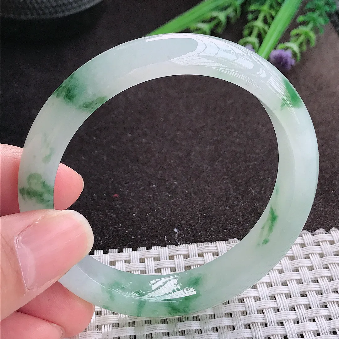 实拍A货翡翠56.5/12.1/8老坑冰胶水灵冰飘花手镯宽边玉镯手环