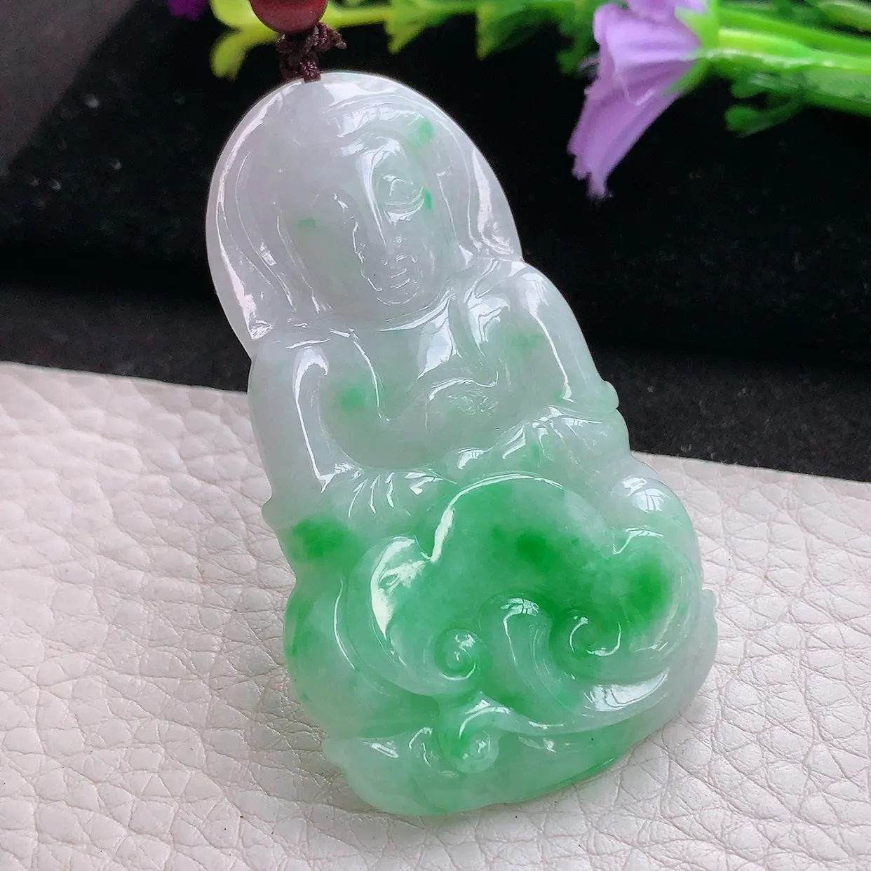 zen实拍58.6*34*5.5缅甸天然翡翠飘阳绿观音 玉观音挂件 玉吊坠