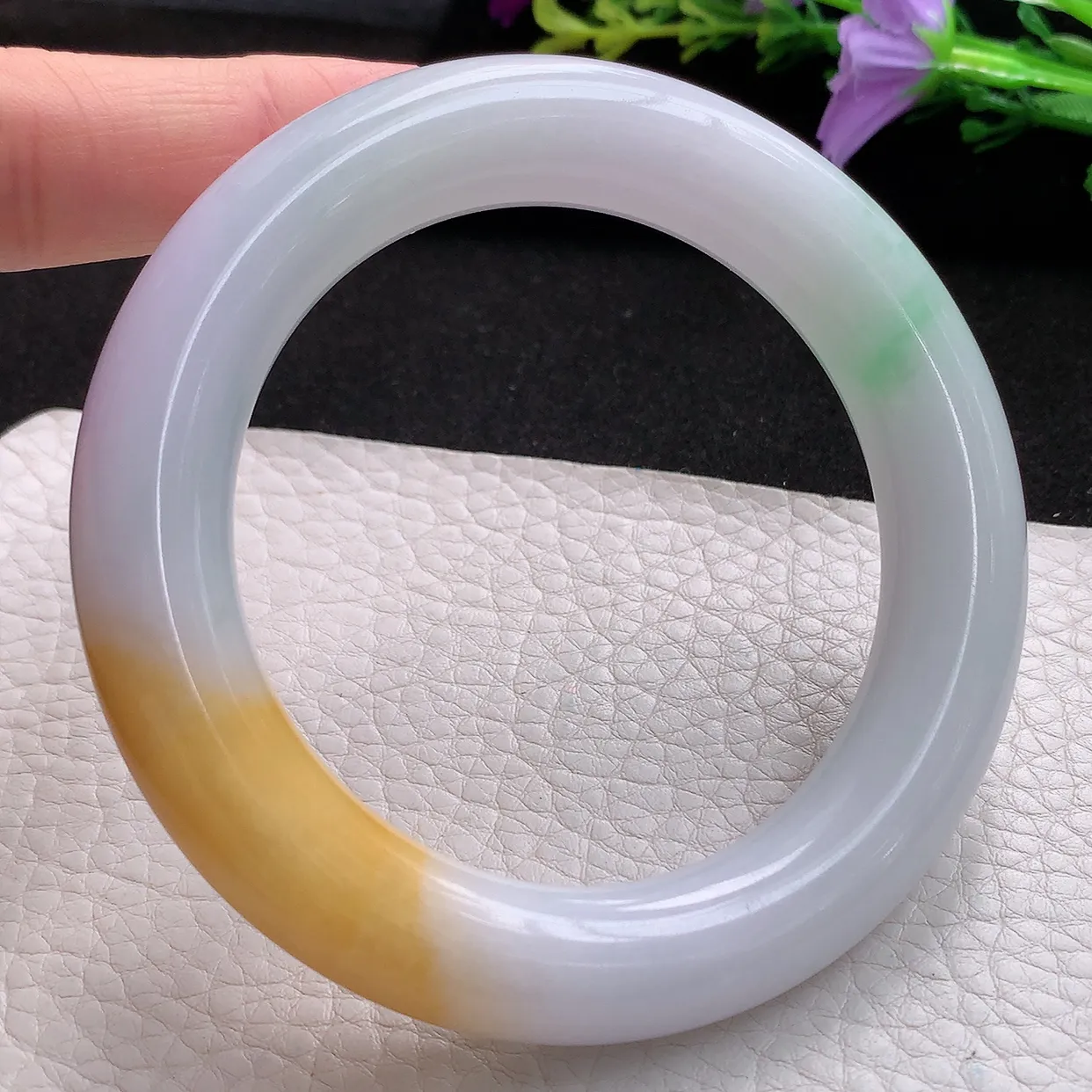 nr实拍58.5*12.8*12.5胖圆镯 天然翡翠A货三彩玉手镯胶感大气圆条美人镯