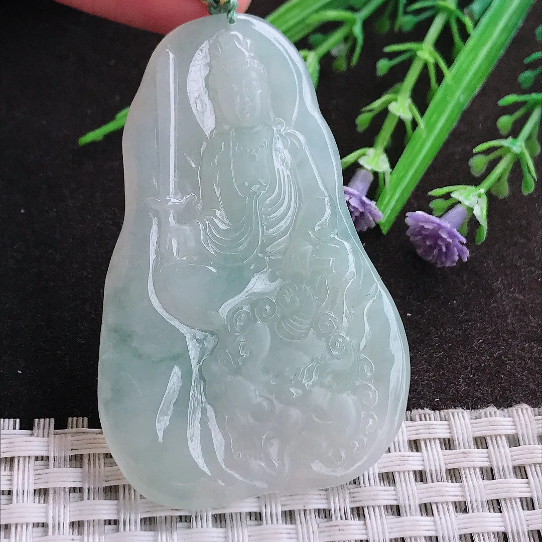 实拍A货翡翠60/38/6老坑冰胶水灵文殊菩萨吊坠翡翠挂件
