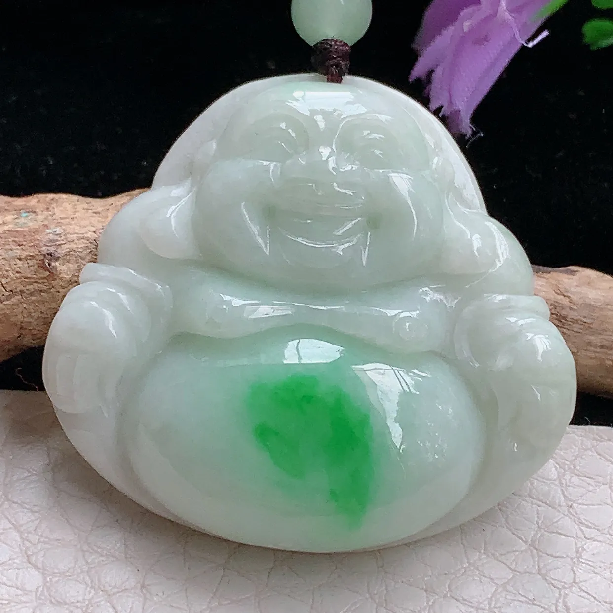 zen实拍38*41*9缅甸天然翡翠白底青佛公 弥勒佛玉吊坠