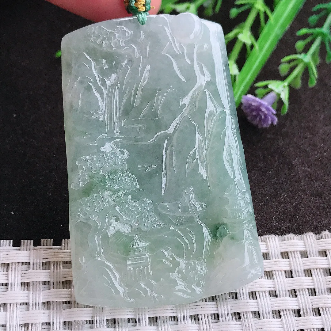 实拍A货翡翠57.5/38/6老坑冰胶水灵飘花山水牌吊坠翡翠挂件