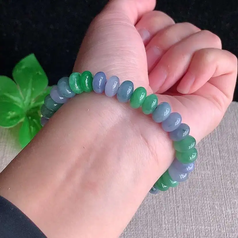 a货翡翠冰种满绿紫罗兰算盘珠手串33颗  尺寸8.8×5mm 重量26.30g 0101