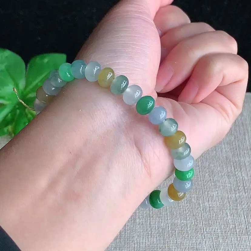 a货翡翠冰种多彩算盘珠手串33颗 尺寸7×5.4mm 重量18.96g 0101