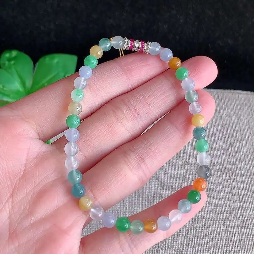a货翡翠冰种多彩圆珠佛珠手串37颗 尺寸4.8mm 重量8.83g 0102