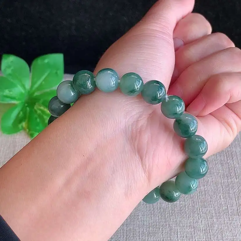 a货翡翠冰种飘花圆珠佛珠手串19颗  尺寸10mm 重量35.46g 0102