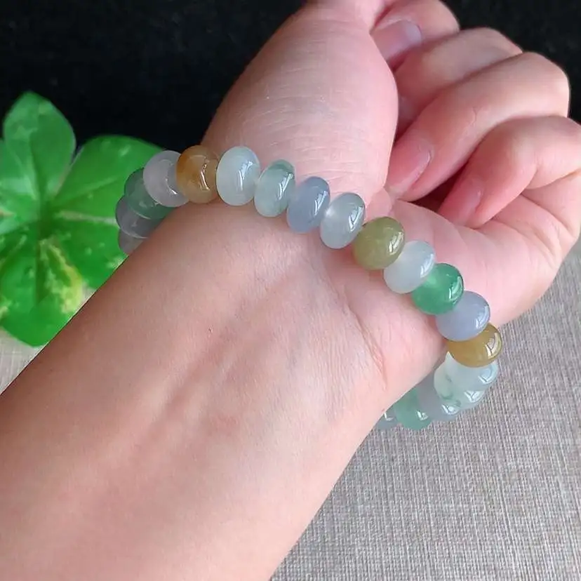 a货翡翠冰种多彩算盘珠手串28颗 尺寸9.5×6mm 重量30.88g 0103