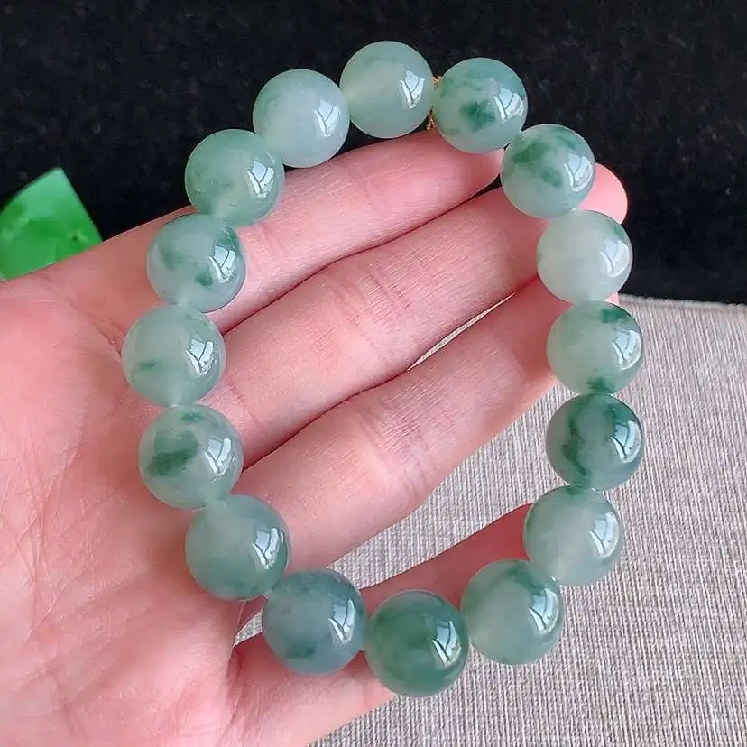a货翡翠冰种飘花圆珠佛珠手串16颗  尺寸12.5mm 重量58.00g 0102