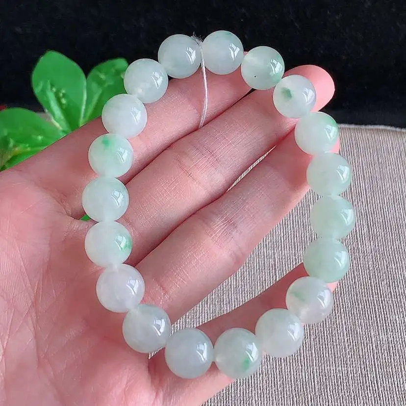 a货翡翠冰种飘绿圆珠佛珠手串19颗  尺寸10.4mm 重量38.32g 0104