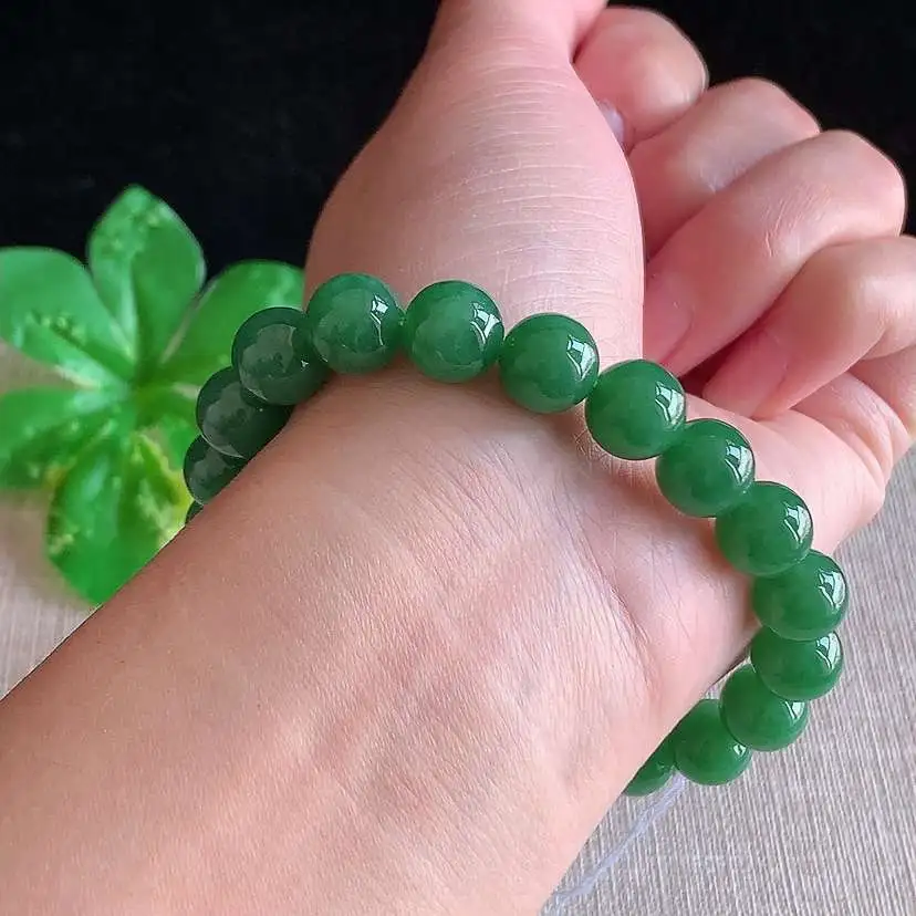 a货翡翠冰种满绿圆珠佛珠手串20颗 尺寸9.8mm 重量34.34g 0104