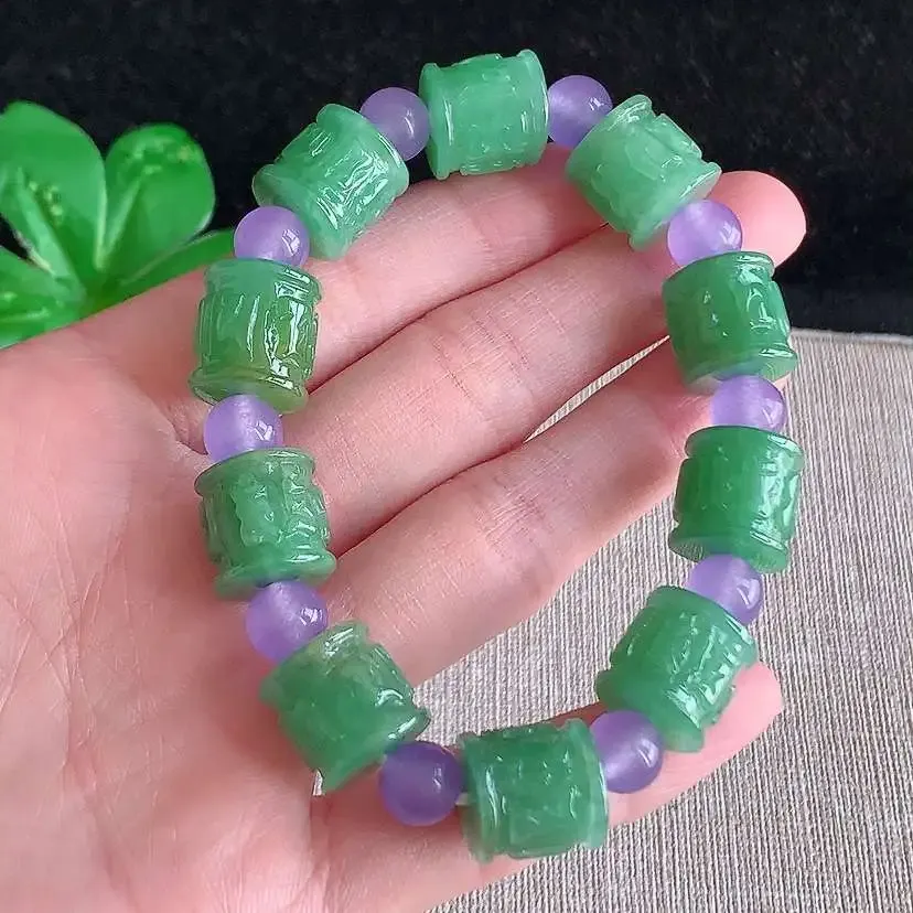 a货翡翠冰种满绿六字真言手串10颗 尺寸12×12mm 重量50.80g 0104