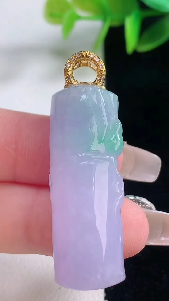 天然A货翡翠18K金春带彩紫罗兰节节高升 竹节吊坠，尺寸38.5-13.3-11，重量:15.83g