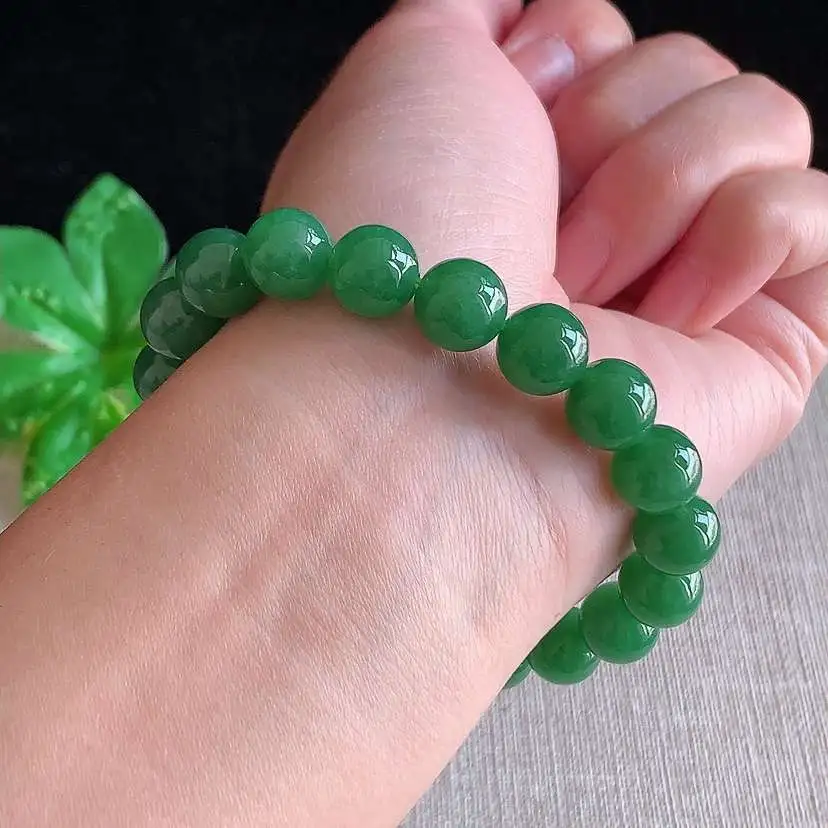 a货翡翠冰种满绿圆珠佛珠手串20颗 尺寸9.8mm 重量34.34g 0104
