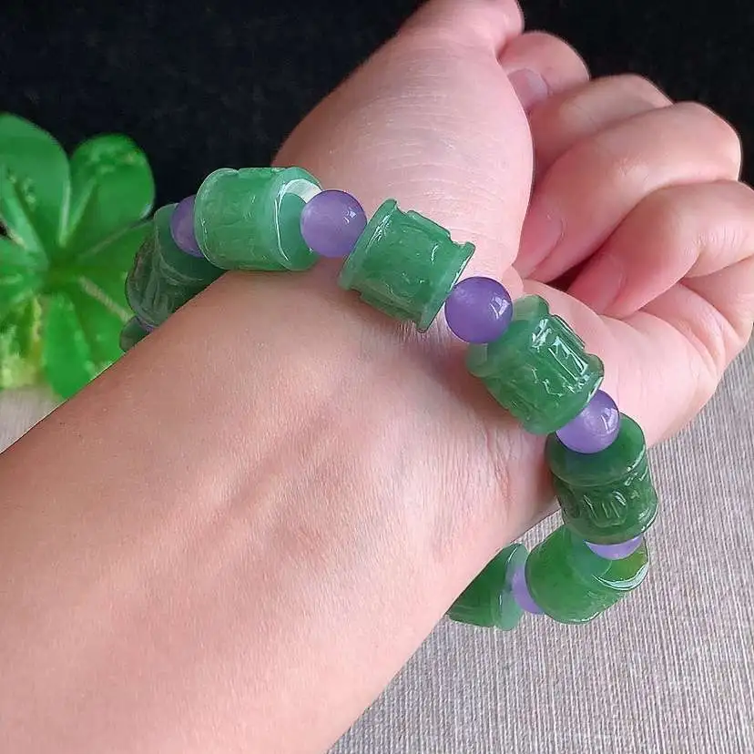 a货翡翠冰种满绿六字真言手串10颗 尺寸12×12mm 重量50.80g 0104