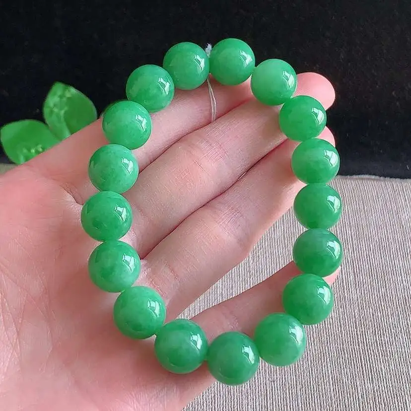 a货翡翠冰种满绿圆珠佛珠手串17颗  尺寸11.6mm 重量49.64g 0104