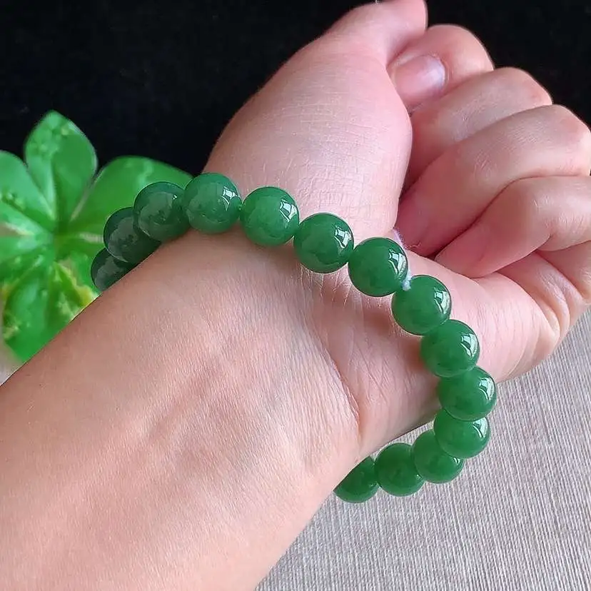 a货翡翠冰种满绿圆珠佛珠手串20颗 尺寸9.8mm 重量34.34g 0104