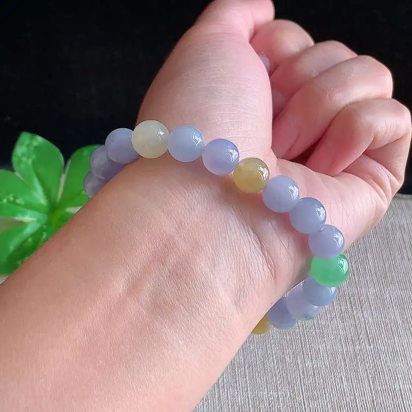 a货翡翠冰种三彩圆珠佛珠手串23颗 尺寸8.8mm 重量28.25g 0104