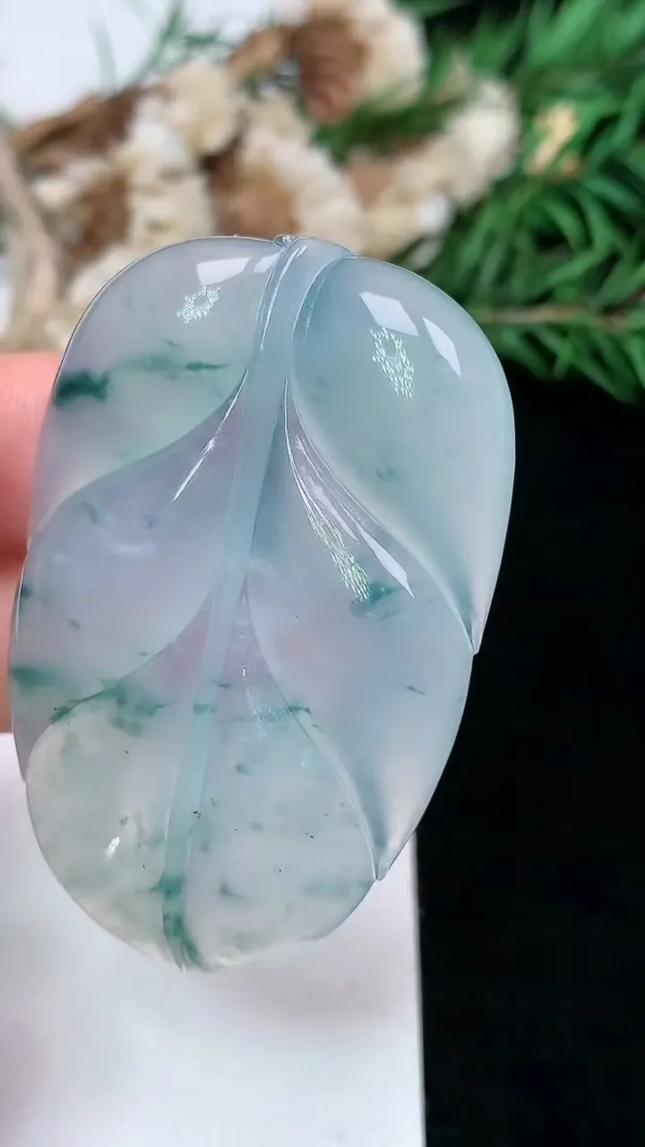 天然A货翡翠飘花金枝玉叶 叶子镶嵌件，尺寸50.4-33.4-6.2，重量:20.62g
1月16日