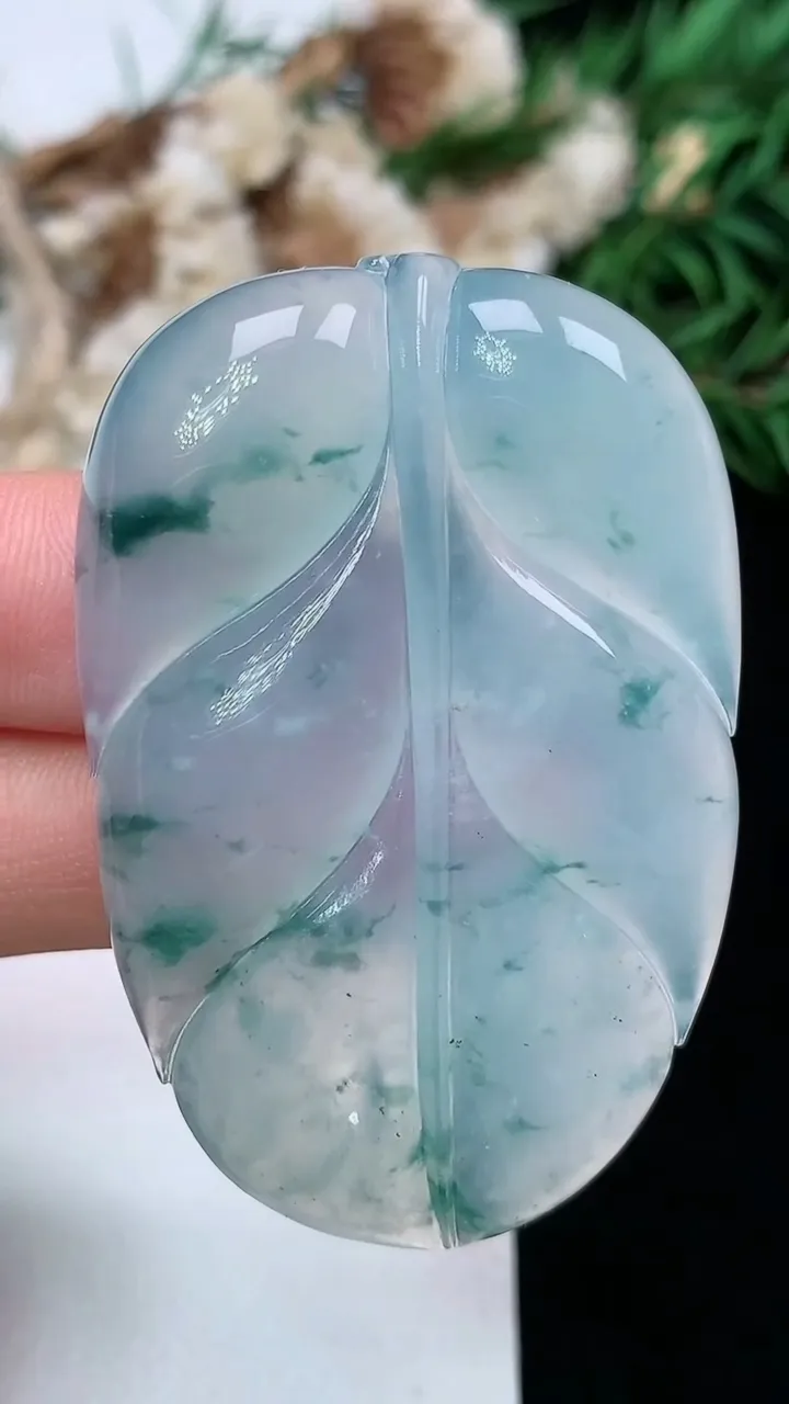 天然A货翡翠飘花金枝玉叶 叶子镶嵌件，尺寸50.4-33.4-6.2，重量:20.62g
1月16日