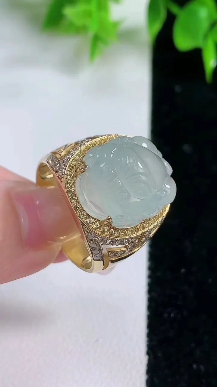 天然A货翡翠种白冰貔貅戒指，尺寸20.7-19-14-11.2，重量:9.54g2026年1月18日