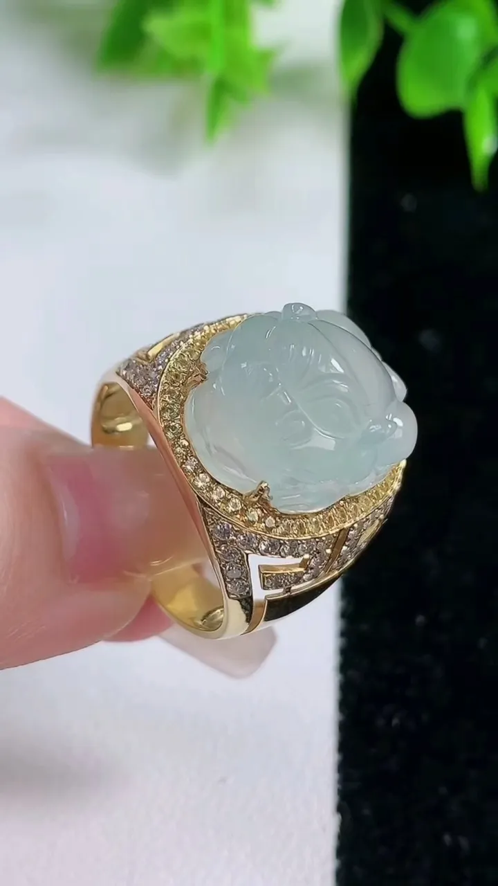 天然A货翡翠种白冰貔貅戒指，尺寸20.7-19-14-11.2，重量:9.54g2026年1月18日