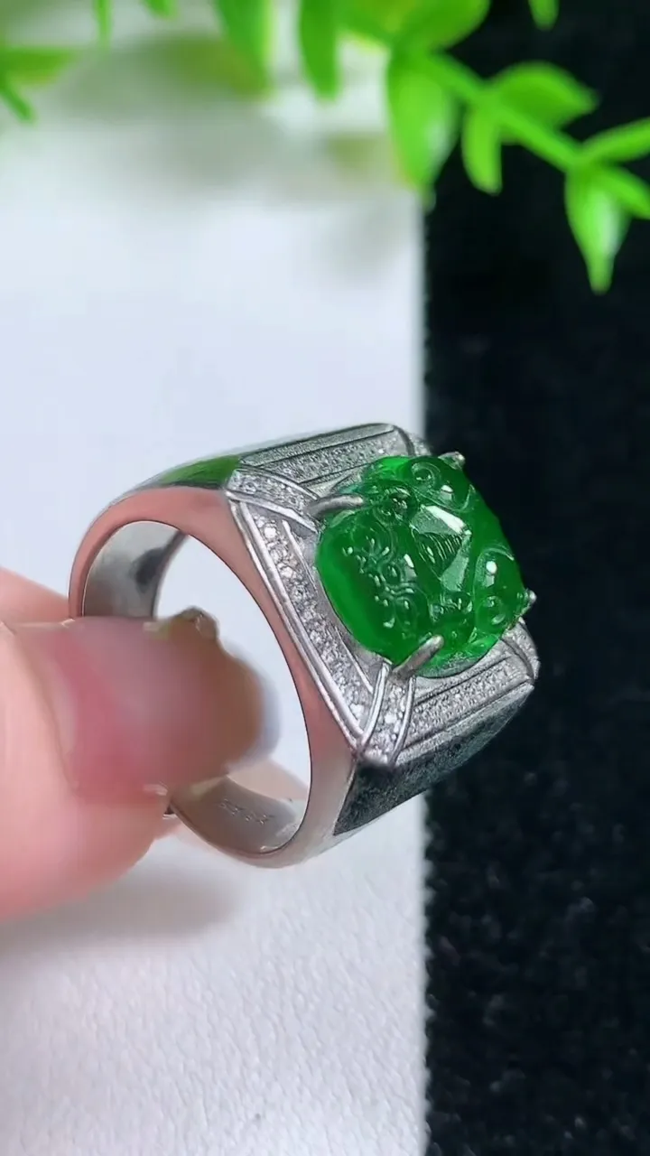 天然A货翡翠貔貅戒指，尺寸14.3-11.6-3，重:10.20g2026年1月18日
工厂直销收藏佳品,种好水足，色泽均匀，有种有色，上手高大气！
