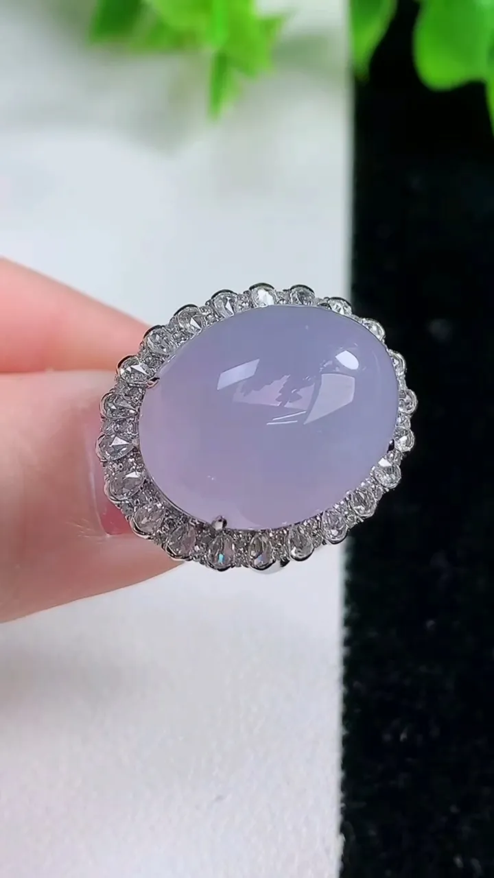 天然A货翡翠18K金紫罗兰蛋面戒指，尺寸17-18.3-14.4-13.5，重量:7.62g2026
