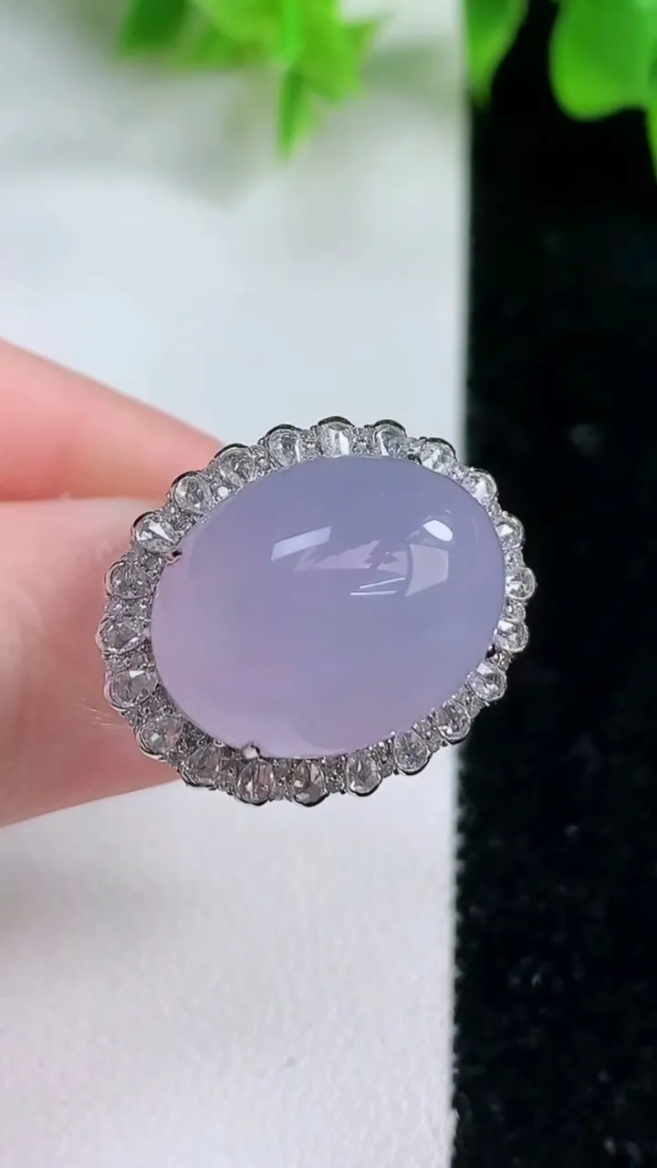 天然A货翡翠18K金紫罗兰蛋面戒指，尺寸17-18.3-14.4-13.5，重量:7.62g2026