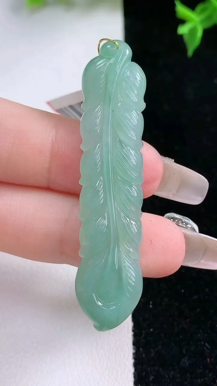 天然A货翡翠羽毛吊坠，尺寸53.8-11.2-3.6，重量:5.72g
1月22日