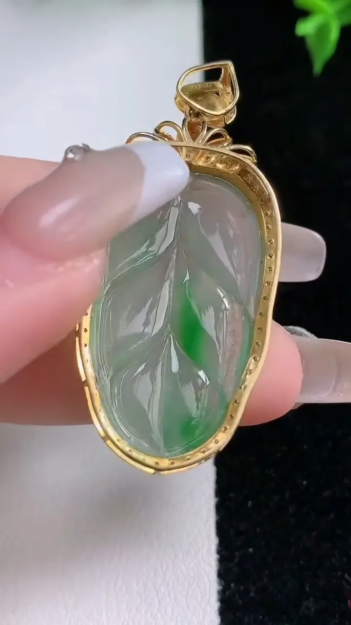 天然A货翡翠金枝玉叶 叶子吊坠，尺寸46.7-21.6-7，裸石32-18.8重量:6.68g
1月22日