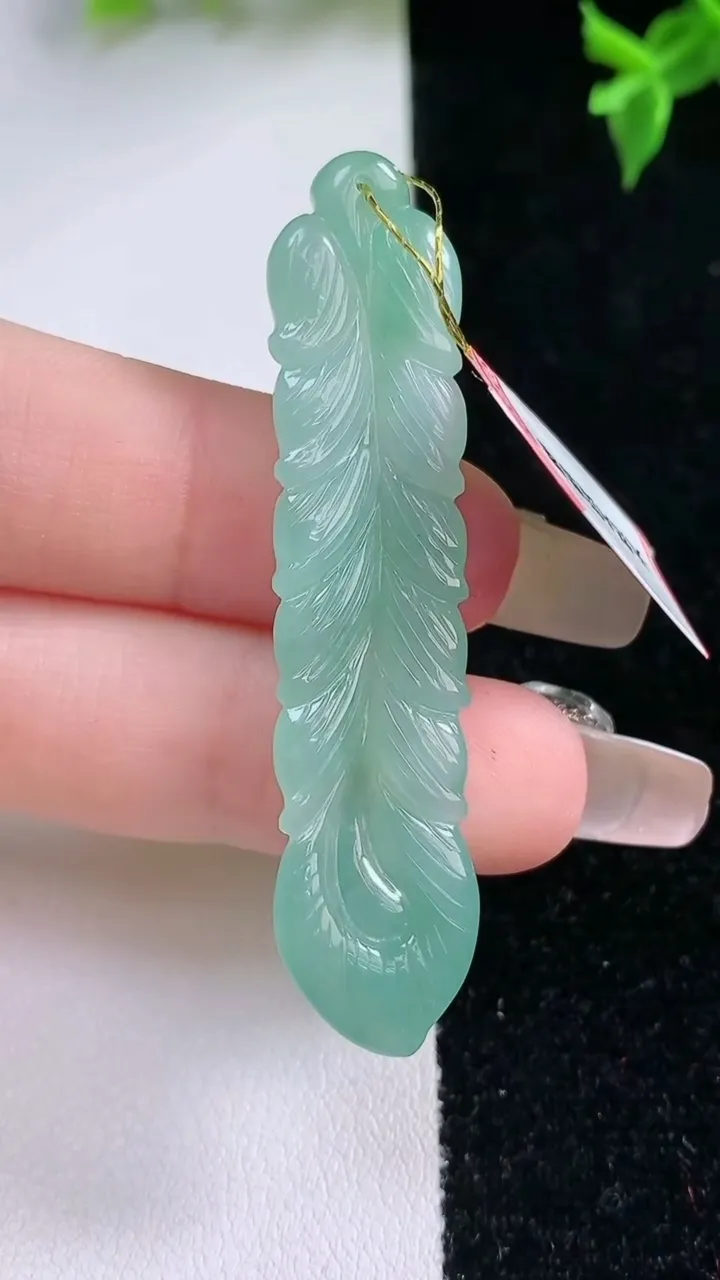天然A货翡翠羽毛吊坠，尺寸53.8-11.2-3.6，重量:5.72g
1月22日