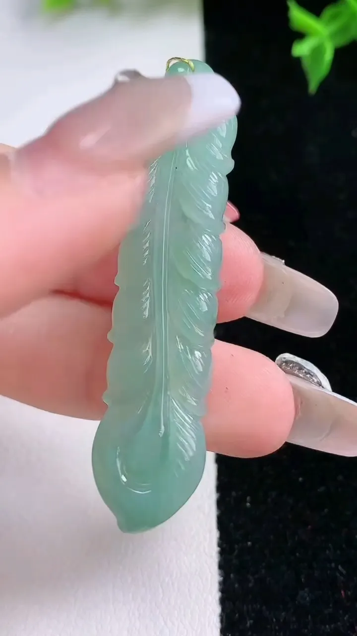 天然A货翡翠羽毛吊坠，尺寸53.8-11.2-3.6，重量:5.72g
1月22日