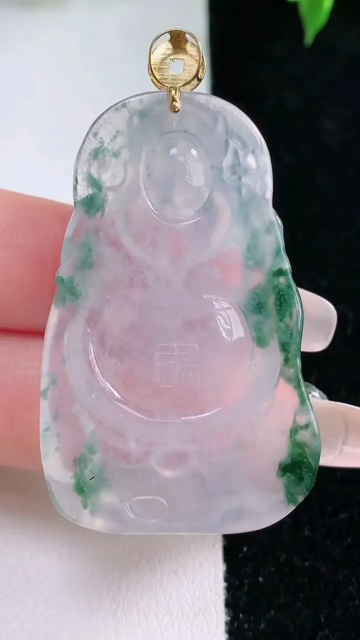 天然A货翡翠种飘花财神爷吊坠，尺寸45.7-27.3-5.9，重量:14.42g
1月22日