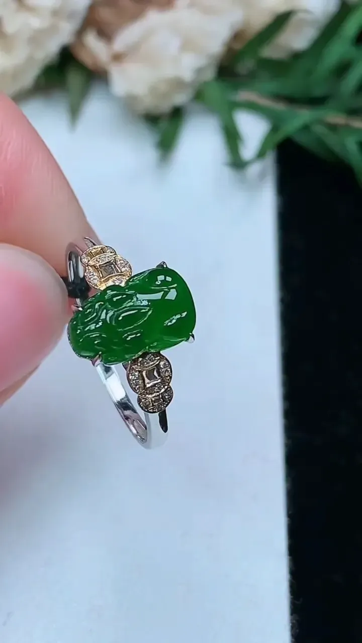 天然A货翡翠貔貅戒指，尺寸16.9-9.7-5.8，重量:1.44g2026年1月25日
工厂直销收藏佳品,种好水足，色泽均匀，有种有色，上手高大气！