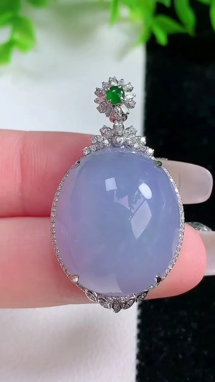 天然A货翡翠18K金紫罗兰蛋面吊坠，尺寸37-21.2-12.5，裸石22.3-19重量:10.80