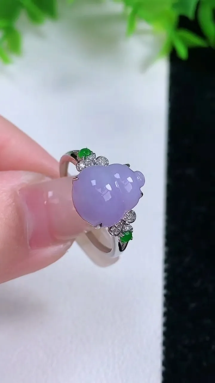 天然A货翡翠18K金紫罗兰蛋面戒指，尺寸17.3-11.8-9.5-5.7，重量:11.89g202