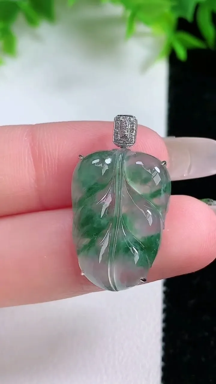天然A货翡翠种飘花金枝玉叶 叶子吊坠，尺寸22.4-15.7-6，重量:3.62g
1月25日