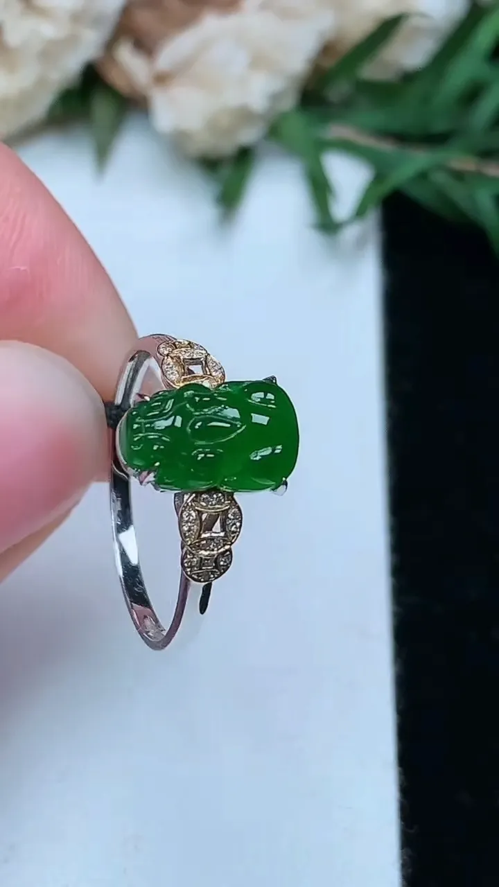 天然A货翡翠貔貅戒指，尺寸16.9-9.7-5.8，重量:1.44g2026年1月25日
工厂直销收藏佳品,种好水足，色泽均匀，有种有色，上手高大气！