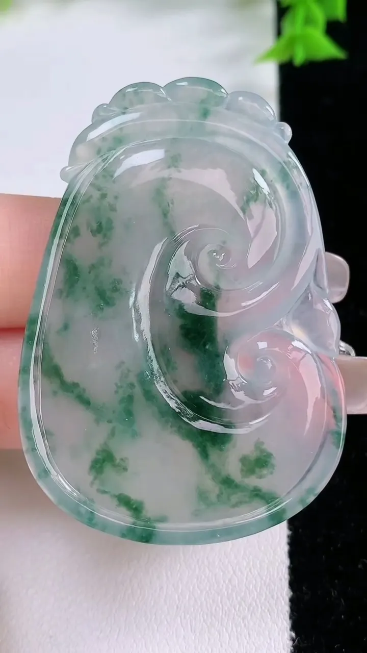 天然A货翡翠种飘花如意吊坠，尺寸52.6-36.4-5.5，重量:20.00g
1月26日