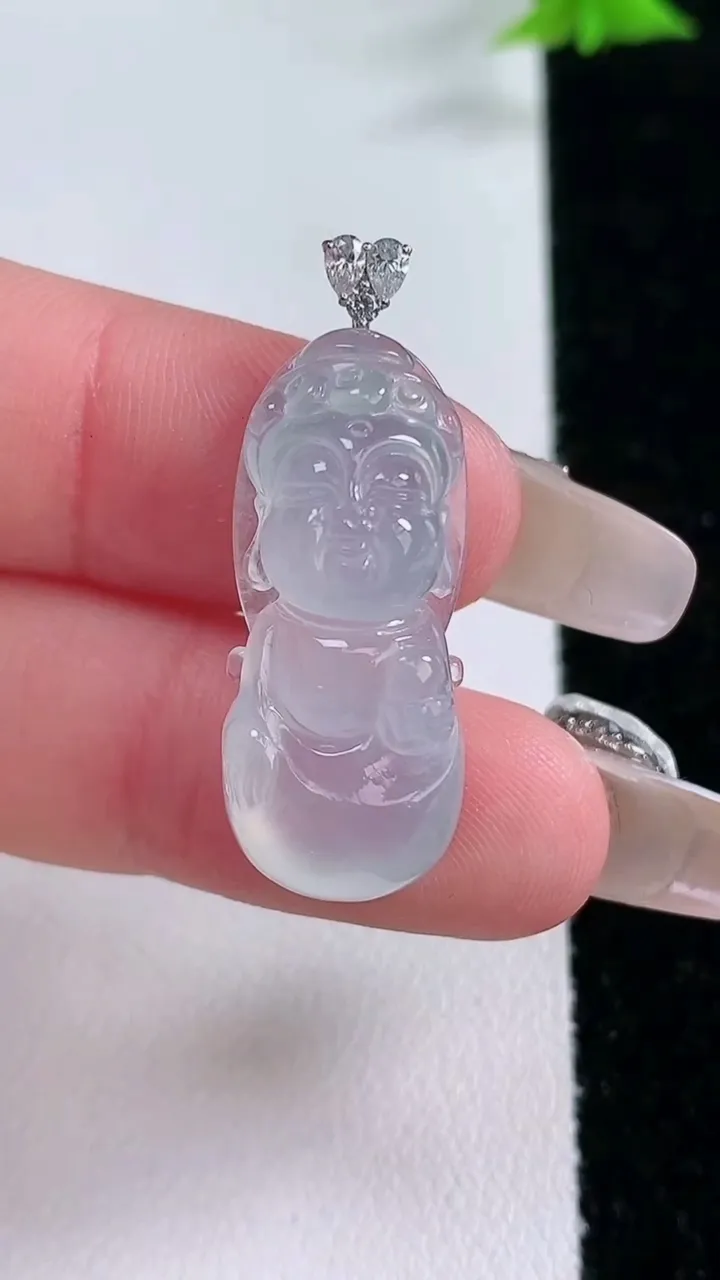 天然A货翡翠种白冰宝宝佛吊坠，尺寸27.8-11.8-7.2，重量:5.14g
1月27日