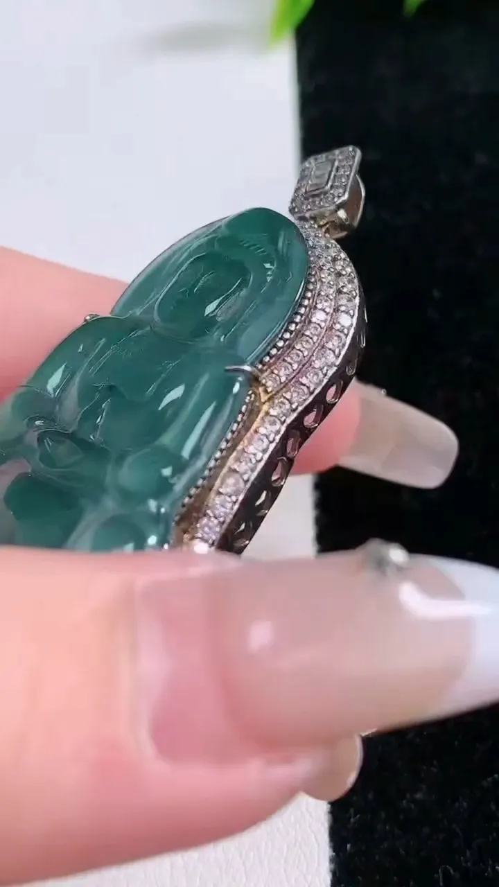 天然A货翡翠925银蓝水观音菩萨吊坠，尺寸53.6-28.3-11.7，裸石39-26重量:14.6