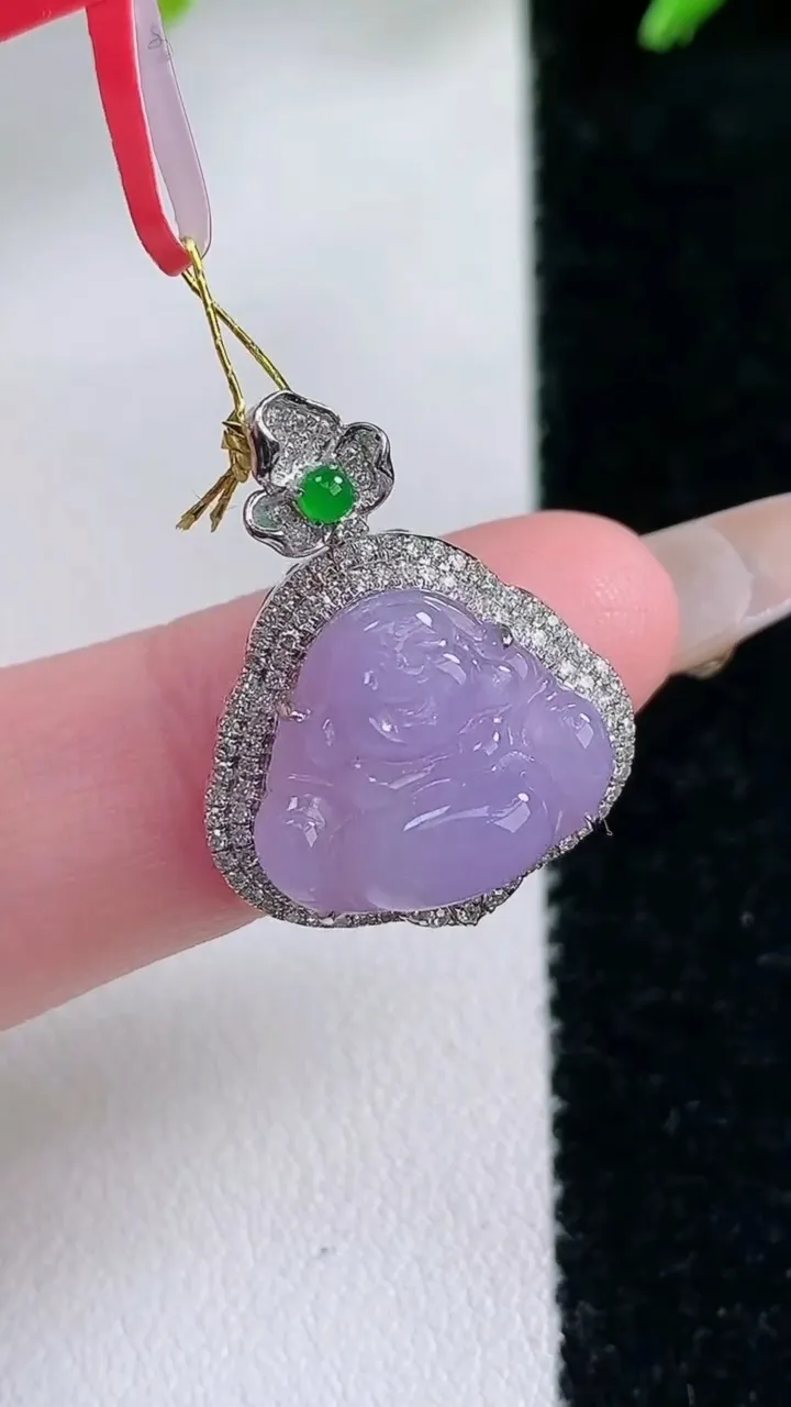 天然A货翡翠18K金紫罗兰佛公吊坠，尺寸22.8-17.5-8.5，裸石12.2-14重量:2.46