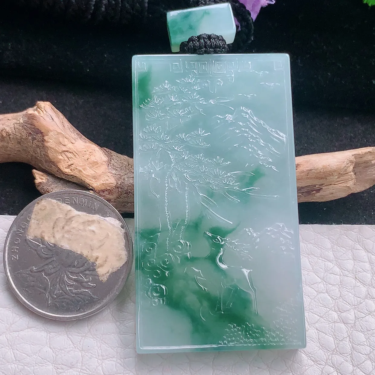 yl实拍56.5*31.2*5.6缅甸翡翠冰飘花方形山水牌 大好河山玉项坠 玉挂件
