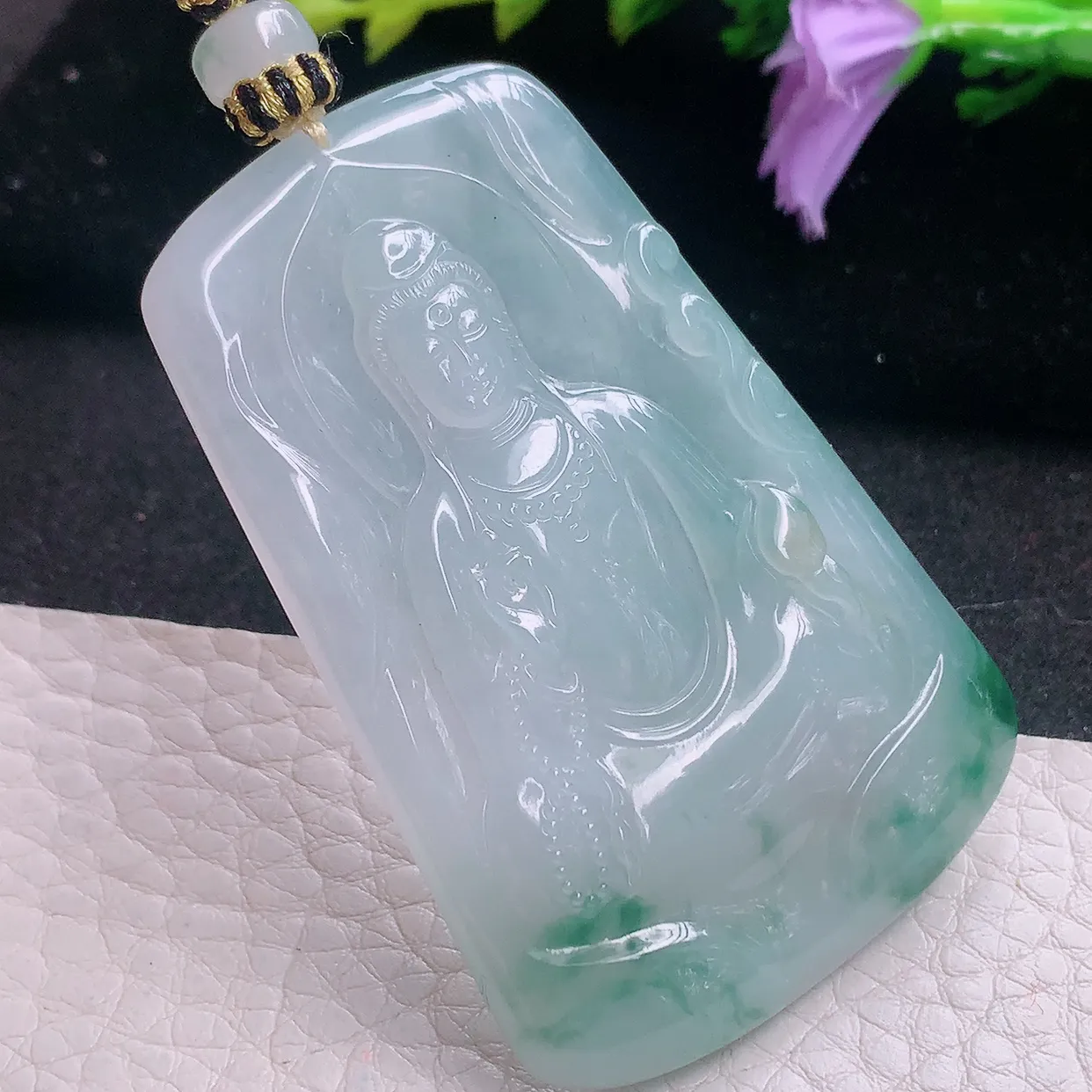 yl实拍60*39.6*5.5缅甸翡翠冰飘花素面观音 玉观音玉项坠 玉挂件